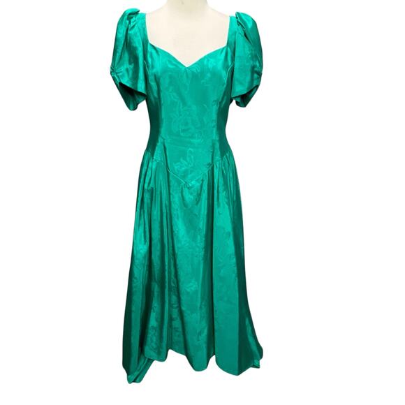 Vtg 80s Dance Allure Dress S Green Taffeta Cutout Bow Hi Lo Prom Cosplay Retro - Picture 1 of 16